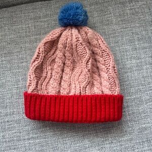Boden Pink and Red Knit Hat with Blue Pom-Pom